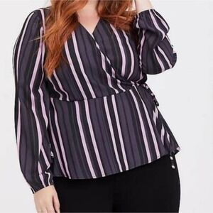 Torrid Womens Plus Size 2 Striped Wrap Peplum Long Sleeve Blouse Black Pink Grey